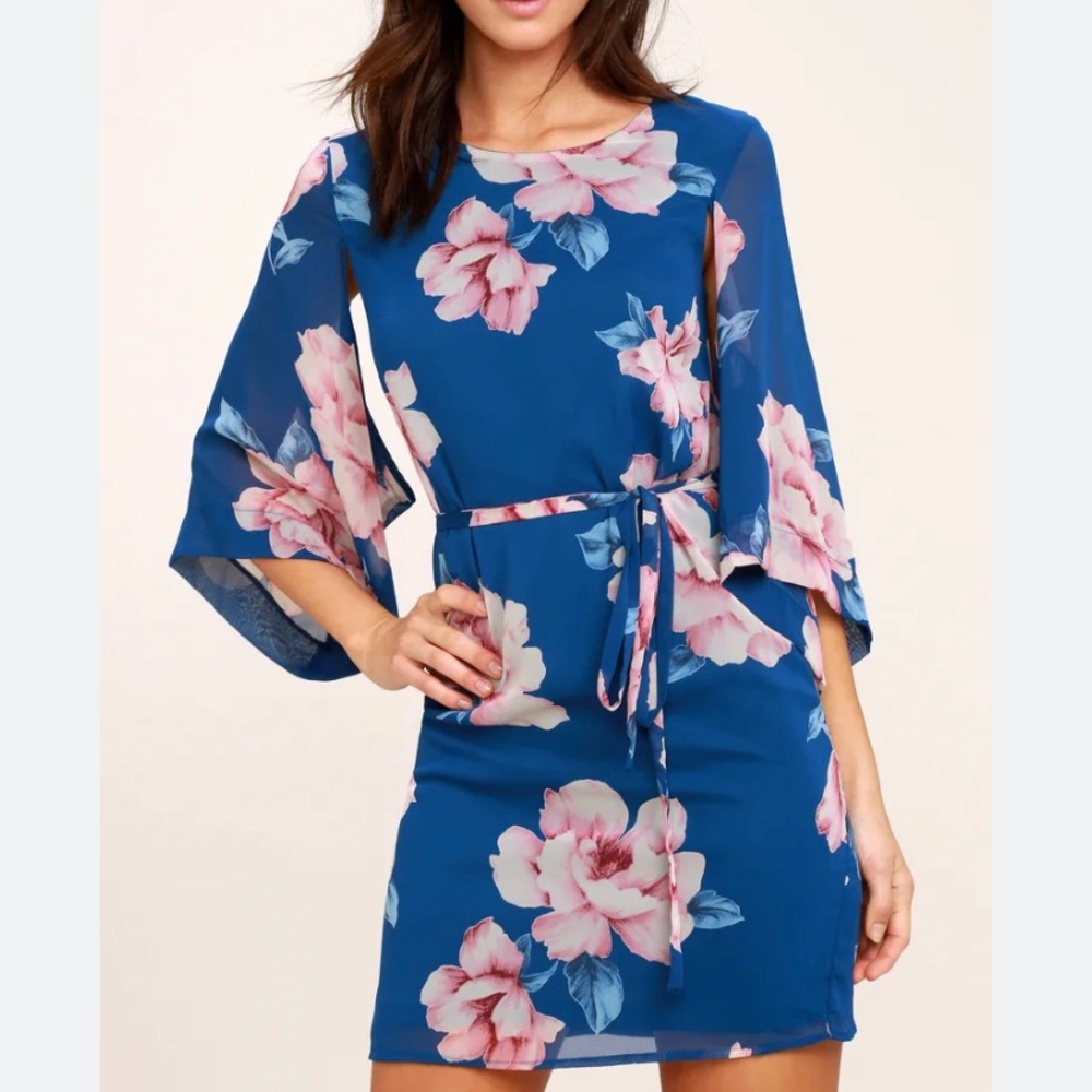 Small Lulus Joyful Noise Denim Blue Floral Print Mini Dress